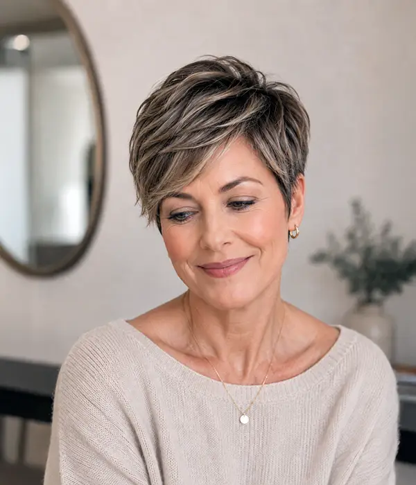 Client with long layers and face-framing haircut